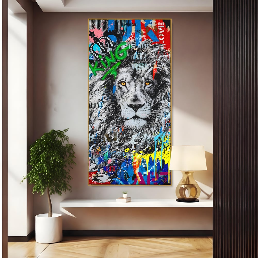 Tablou canvas cu tablou canvas cu leu graffiti, in rama de aluminiu auriu